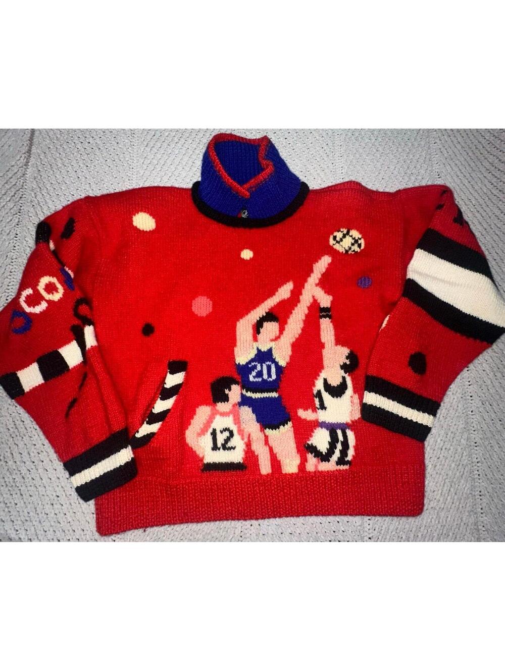 Vintage 90s 1994 Berek Handknit Basketball Theme Novelty Sweater Size S WOOL